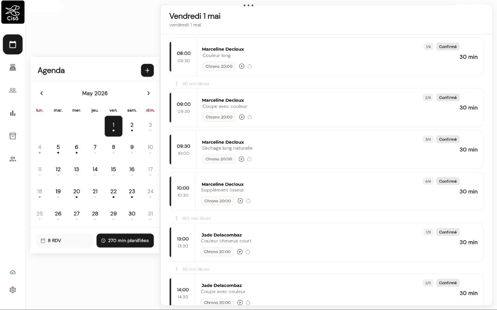 Capture CISŌ — vue Agenda : calendrier du mois, journée détaillée avec rendez-vous et créneaux libres.