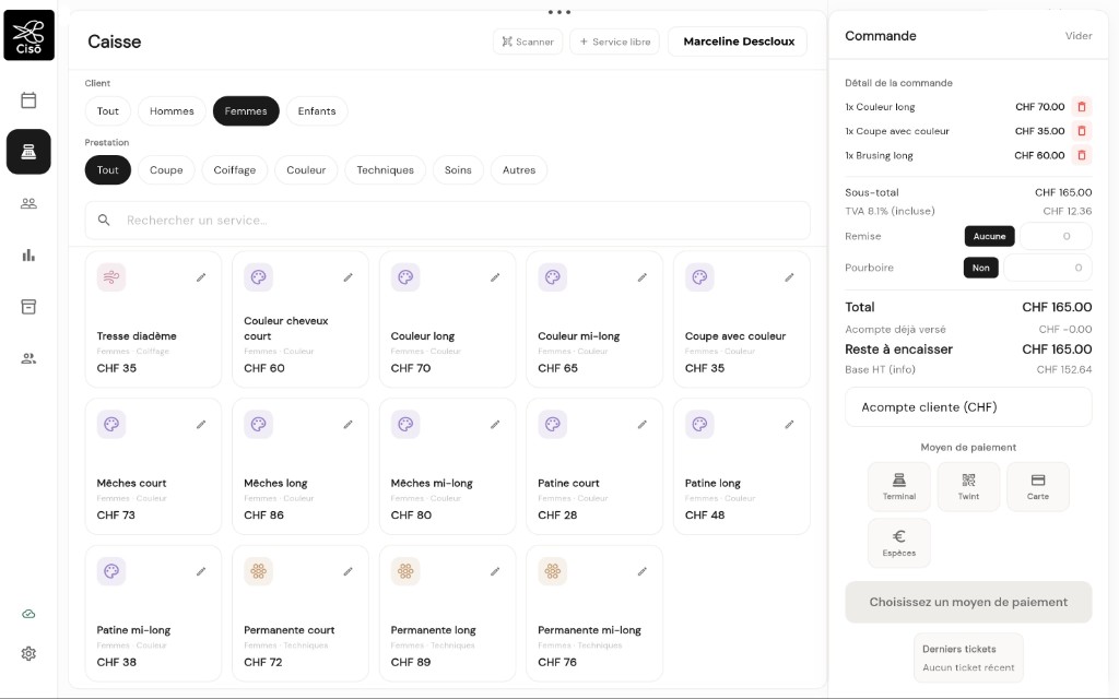 Capture CISŌ — vue Caisse : grille de prestations, panier et total avec TVA.